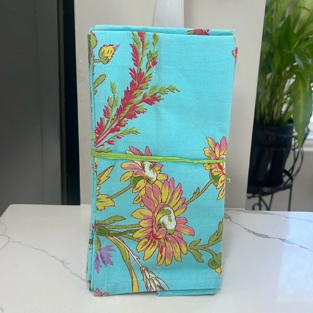 April Cornell WILDFLOWERS Napkins Aqua / Pink Set of 4 100% Cotton NWT